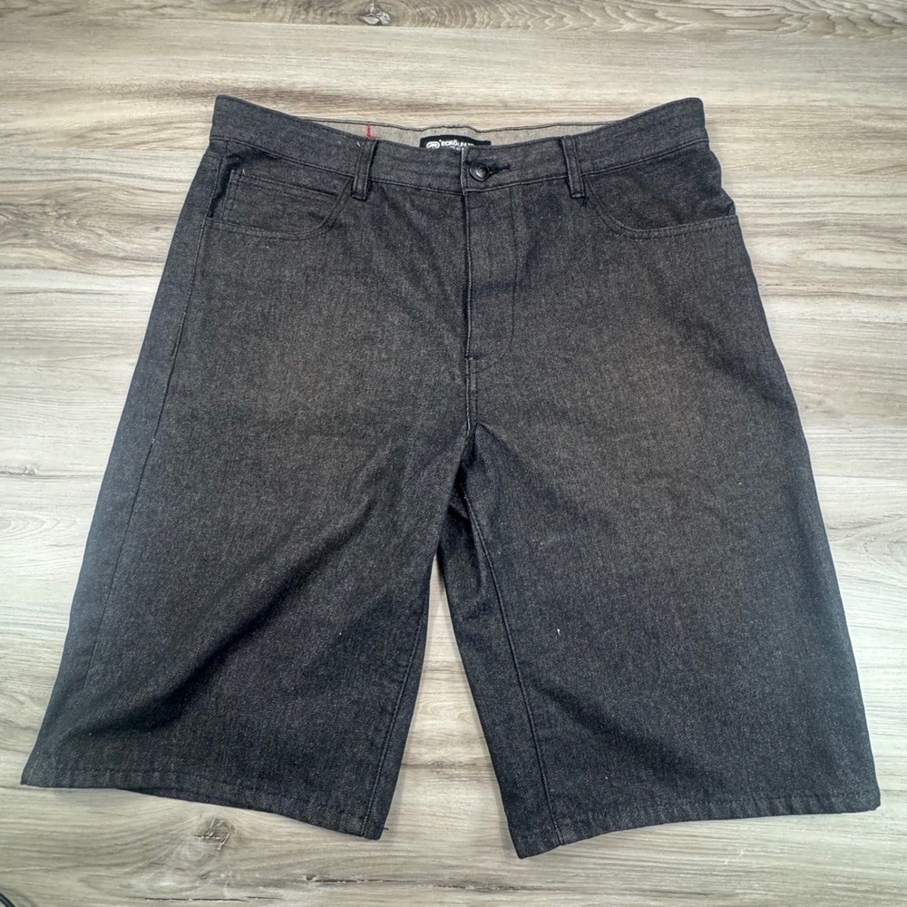 VTG Ecko Unltd Baggy Black Denim Shorts Jorts W36 Y2K Cyber Skate Rhino Graphic